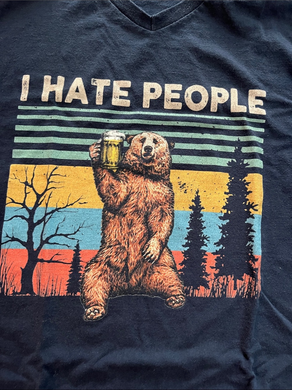 Fruit of the Loom Navy V‑Neck Tee with Retro Bear Graphic - Picture 2 of 5